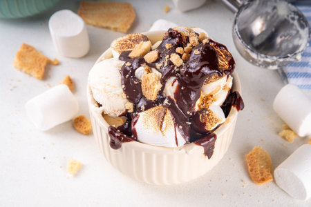 Portion bowl of smores ice cream with roasted marshmallow, chocolate and graham cracker crumbs, tasty winter Christmas S'mores gelatoの写真素材