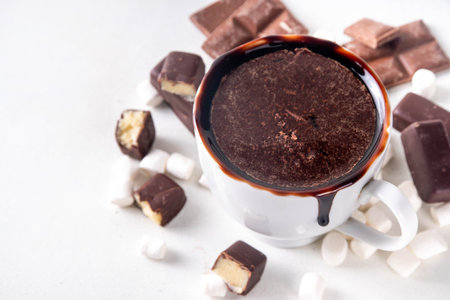 Marzipan hot chocolate, on table with ingredients, marshmallows and marzipan chocolates. Winter and Christmas comfort tasty hot cocoa drink in white cupの写真素材