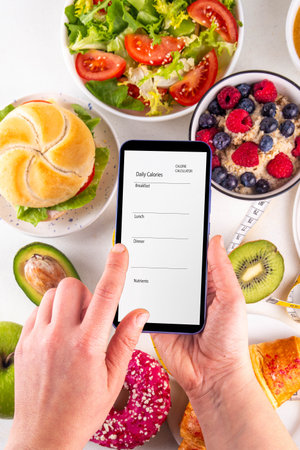 Calorie Calculator diet background with healthy and unhealthy foods plates, fruits, vegetables, dessert, donuts, burger. Calories counting, food control conceptの写真素材