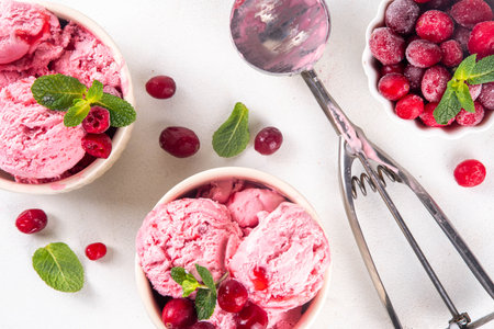 Homemade cranberry ice cream, creamy winter berry gelato with fresh cranberry and mint sprig in ceramic bowlの写真素材