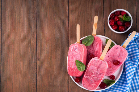 Cranberry sweet popsicles ice cream, frozen creamy sorbet lollypops with yogurt and berries, on white plate, with fresh cranberry and mint leavesの写真素材