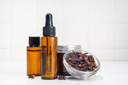 Clove natural oil essence and cosmetics for skin care, healthy natural organic beauty careの写真素材