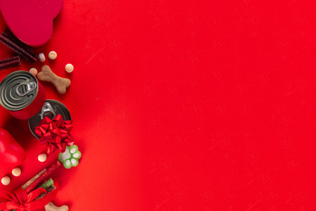 Pets Valentine day holiday shopping and gifts background with tasty snacks, foods, bone, dog and cat...