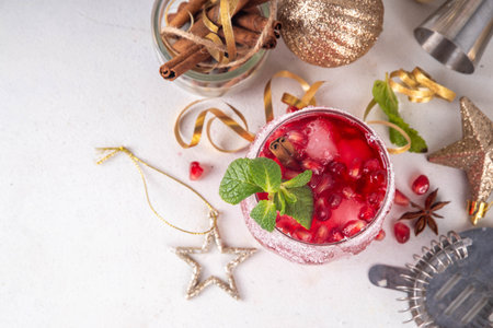 Spiced up winter berry Margarita cocktail or mocktail with orange, cranberry, pomegranate mint and crushed ice, Sweet non-alcohol or alcohol vodka drink for Christmas partyの写真素材