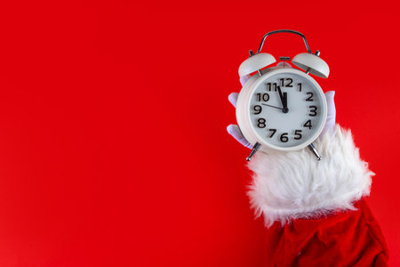 Christmas and New Year,coming, waiting winter holidays background. Preparation for Christmas. Santa Claus hand holding white alarm clock on bright red background. Banner background for sales or partyの写真素材