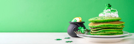Green shamrock color pancakes with whipped cream and sugar sprinkles, for St Patrick`s day breakfast on lunch, with patricks holiday decorations on kitchen tableの写真素材