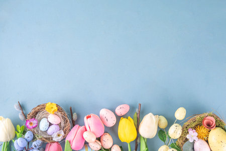 Spring Easter holiday table still life with painted Easter eggs, spring flowers bouquet, decorative...