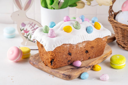 Easter simnel cake with marzipan decor and chocolate Easter eggs on top, on festive decorated table, copy spaceの写真素材