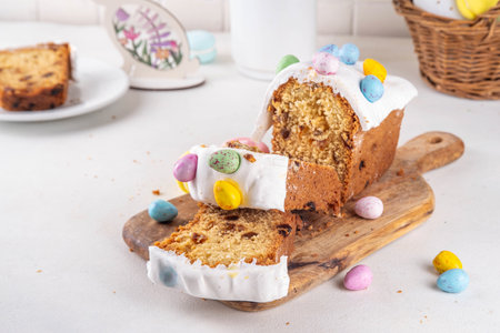 Easter simnel cake with marzipan decor and chocolate Easter eggs on top, on festive decorated table,...