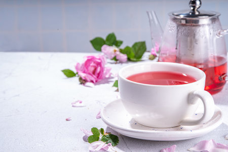 Rose buds tea, organic floral herbal hot tea drink with fresh rose flowers, in tea pot and cup, copy spaceの写真素材