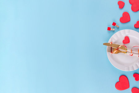 Valentine day table setting background table setting for romantic dinner background, top view. Valentine's day celebration menu, greeting card or invitation background, Galentine day flat layの写真素材