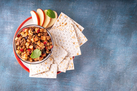 Traditional Charoset for Passover Seder and Pesash holiday, Jewish fruit salad haroset with diced apple, wine, cinnamon, nuts,の写真素材