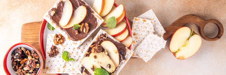 Charoset matzah sweet dessert sandwiches, fruit Hillel Sandwich with chocolate nut cream, apple, cinnamon, nuts. Food ideas and recipes for Jewish holiday Pesach and Passover Sederの写真素材
