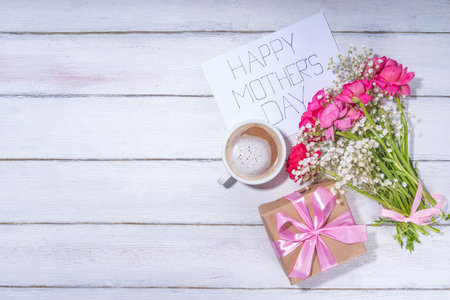 Moms day greeting card, invitation background, Spring bouquet of beautiful ranunculus flower, with...