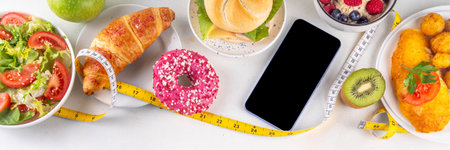 Calorie Calculator diet background with healthy and unhealthy foods plates, fruits, vegetables, dessert, donuts, burger. Calories counting, food control conceptの写真素材