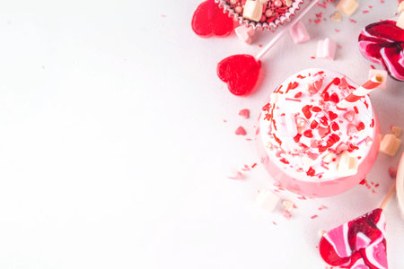 Valentine day pink hot chocolate or milkshake, tasty sweet red velvet, or berry sweet chocolate...