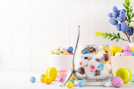 Easter egg brownie cheesecake parfait in glass, layered dessert with chocolate eggs, biscuit,...