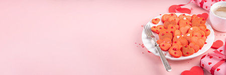 Sweet cute sign of love on Valentine's Day, lovely breakfast, snack with red velvet pancakes in form of hearts, with sugar sprinkled hearts and berry. Simple food idea for Valentine's Day surprise giftの写真素材