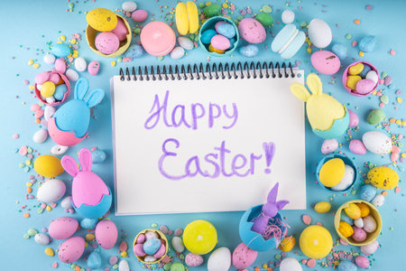 Cute and bright pastel colored Easter eggs and bunny background. Pink. blue, yellow colored bunny...