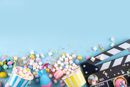 Easter film and movie background. Cinema clapper-board with Easter chocolate egg. popcorn and...