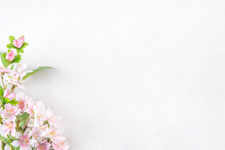 Easter holiday table setting with cutlery, plate, spring blossom tree branches, Easter egg and nest decoration, over white table background copy space. Easter dinner party invitation, menu backgroundの写真素材