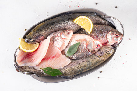 Raw fish and seafood cooking background, various fresh whole and sliced fish with spices, lemon, olive oil for preparation dinner, white table background copy spaceの写真素材
