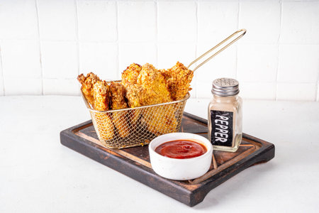 Tasty flavorful freshly cooked chicken nuggets or strips, with golden corn breading, fried in less oil. Homemade balanced diet fast food alternativeの写真素材