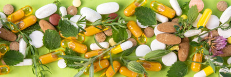 Homeopathic medicine pills, various colorful medicine pills and capsules, dietary supplements with herbs and plants.. Natural and alternative medicine, Eco organic medicine conceptの写真素材