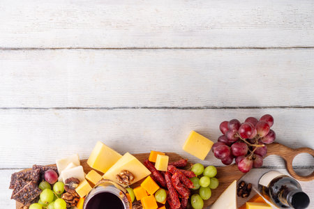 Tasty delicious cheese and dried sausage appetizers board, with wine, nuts, grapes fruits, antipasto brunch snack, copy spaceの写真素材