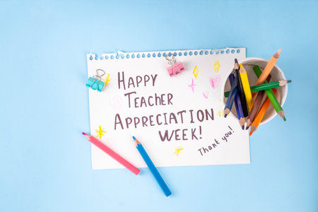 Teacher Appreciation Week background with school supplies and traditional gifts, bouquet of spring...