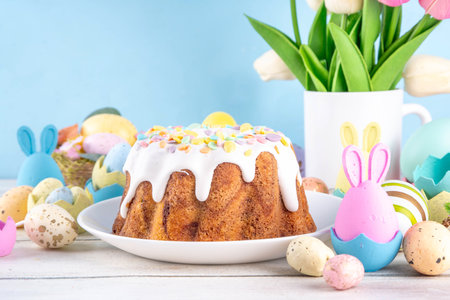 Traditional Easter cake decorated with sugar icing and sprinkles, with festive spirit decor and...