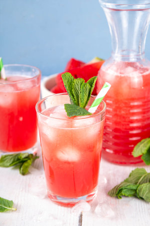 Homemade watermelon lemonade, sweet refreshing summer drink, iced watermelon juice with mint decor...
