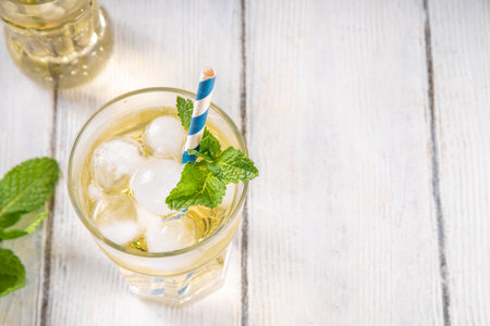 Cold vanilla cream soda drink. Tasty sweet non-alcohol beverage for hot summer days, with a lot of crushed ice and mint decor, on white wooden table copy spaceの写真素材