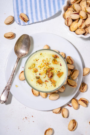 Vegan alternative non-dairy pistachio heavy cream, pistachio pudding or yogurt, with crushed pistachio nuts, copy spaceの写真素材