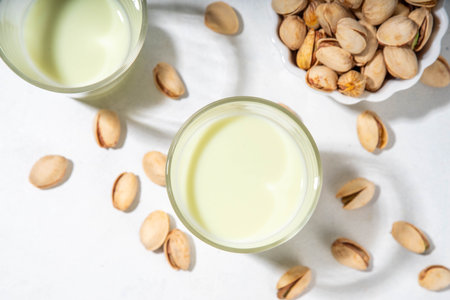 Vegan alternative Pistachio Milk,  Healthy vegetarian drink. Two glass with non-dairy milk beverage, on white kitchen table with pistachio nuts, copy spaceの写真素材