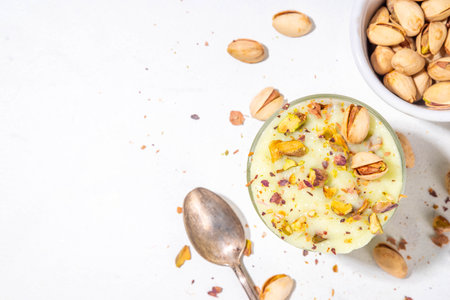 Vegan alternative non-dairy pistachio heavy cream, pistachio pudding or yogurt, with crushed pistachio nuts, copy spaceの写真素材
