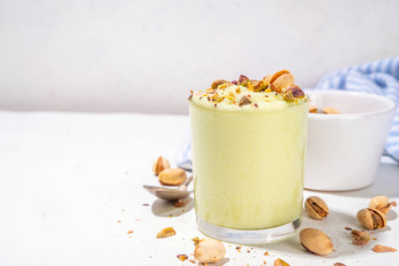 Vegan alternative non-dairy pistachio heavy cream, pistachio pudding or yogurt, with crushed pistachio nuts, copy spaceの写真素材