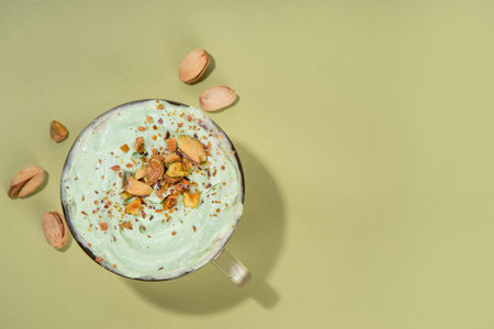 Vegan pistachio milk coffee latte. Iced and hot coffee drinks with plant based whipped pistachio...