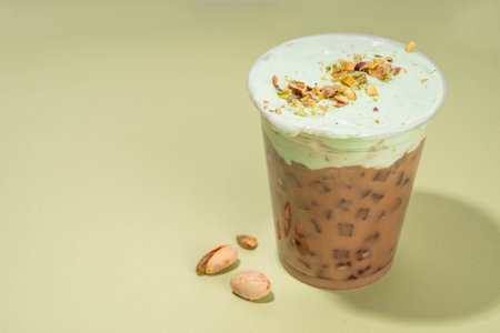 Vegan pistachio milk coffee latte. Iced and hot coffee drinks with plant based whipped pistachio creamer, copy spaceの写真素材