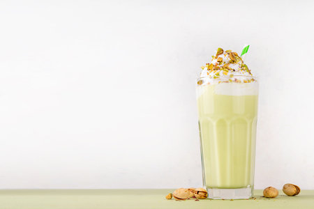 Pistachio milkshake, healthy diet protein cocktail, non-dairy whipped shake with vegan pistachio milk, whipped plant-based cream, sprinkled with nuts, on light green backgroundの写真素材