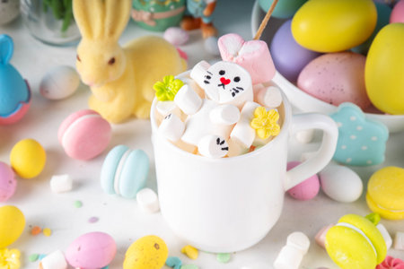 Easter holiday  hot chocolate with funny bunny rabbits creative made with marshmallows, greeting...
