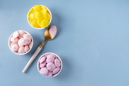 Frozen yogurt melts, mixed berry yoghurt drops, kids-friendly sweet healthy snack, quick baby food snack, tasty ice cream bites, copy spaceの写真素材