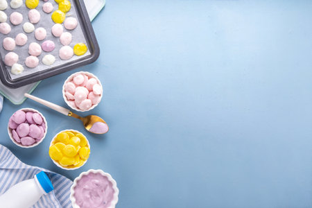 Frozen yogurt melts, mixed berry yoghurt drops, kids-friendly sweet healthy snack, quick baby food snack, tasty ice cream bites, copy spaceの写真素材