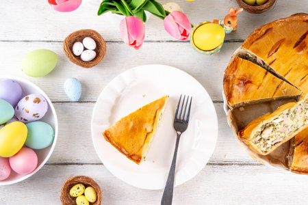 Easter Savory Pizza Pie, Traditional  Italian Easter cake pizza Rustica with ham, salami, ricotta...