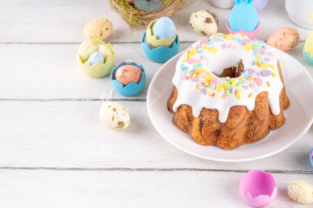 Traditional Easter cake decorated with sugar icing and sprinkles, with festive spirit decor and flower bouquet. Easter celebrations holiday table with pastel colored Easter eggs and bunny rabbitsの写真素材