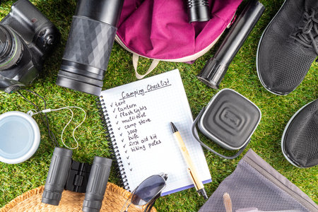 Camping checklist with various camp equipment. List of things for outdoors recreation and travel in nature - tent, first aid kit, cosmetics, accessories, equipment, clothes, trekking shoesの写真素材
