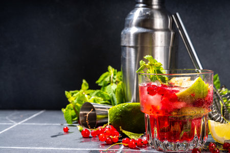 Red currant lemonade or mojito cocktail. Iced fresh summer cocktail with currant berry, lime, miint and ice cubes. Dark tiled background copy spaceの写真素材
