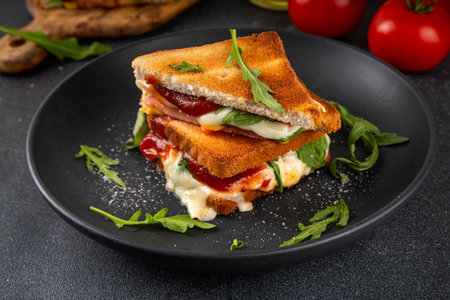 Grilled Pizza Sandwich, cheese pizza with tomatoes, tomato sauce, bacon, pepperoni salami, arugula, copy spaceの写真素材
