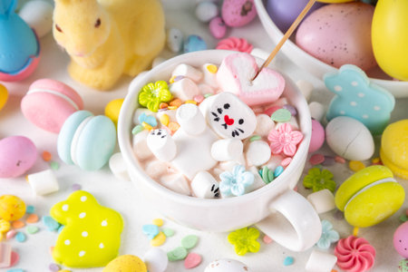 Easter holiday  hot chocolate with funny bunny rabbits creative made with marshmallows, greeting card, child morning party invitation, Easter hot drinks menu backgroundの写真素材