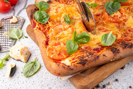 Rectangular homemade margarita pizza with tomatoes and basil, with ingredients and olive oil on white kitchen table backgroundの写真素材